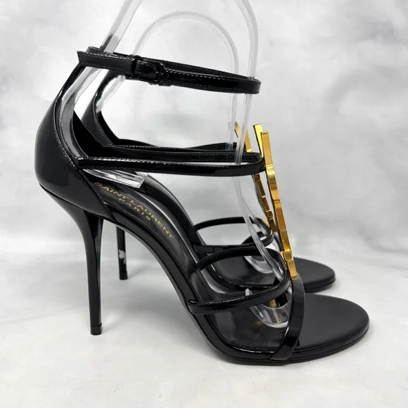 Saint Laurent YSL Cassandra Patent Leather Strappy Sandal Heels Black Gold 36.5 - Picture 7 of 16